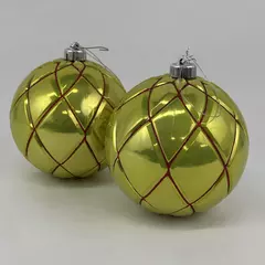 2 Shatterproof Christmas Ball Ornaments Chartreuse w/ Red Glitter Net Pattern