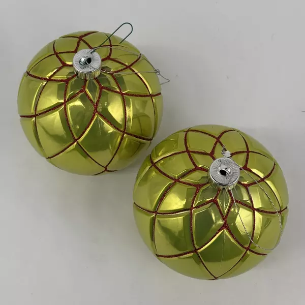 2 Shatterproof Christmas Ball Ornaments Chartreuse w/ Red Glitter Net Pattern