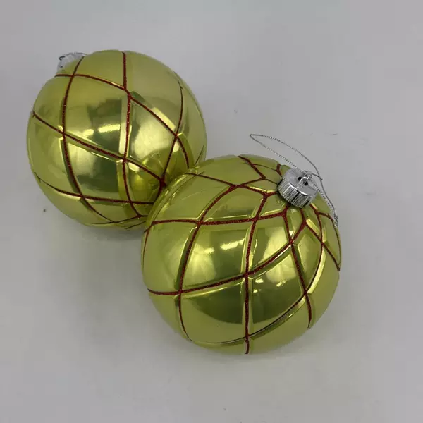 2 Shatterproof Christmas Ball Ornaments Chartreuse w/ Red Glitter Net Pattern