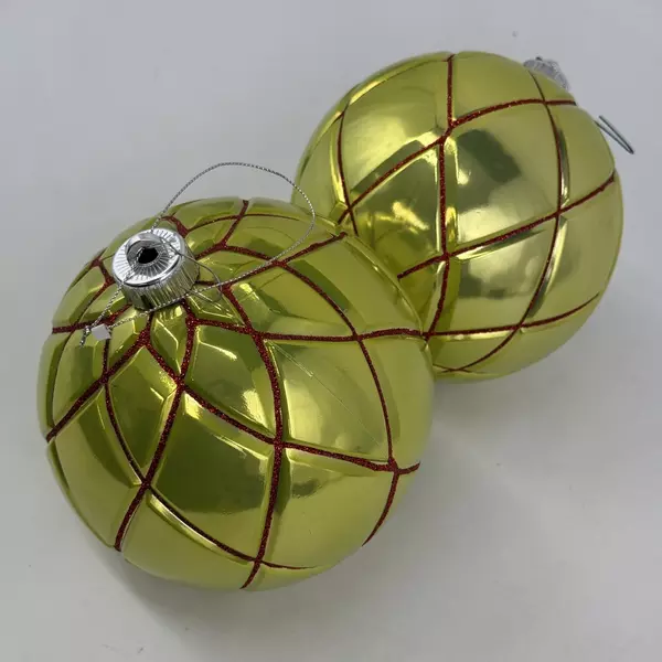 2 Shatterproof Christmas Ball Ornaments Chartreuse w/ Red Glitter Net Pattern