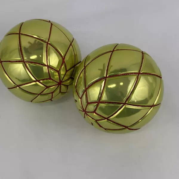 2 Shatterproof Christmas Ball Ornaments Chartreuse w/ Red Glitter Net Pattern