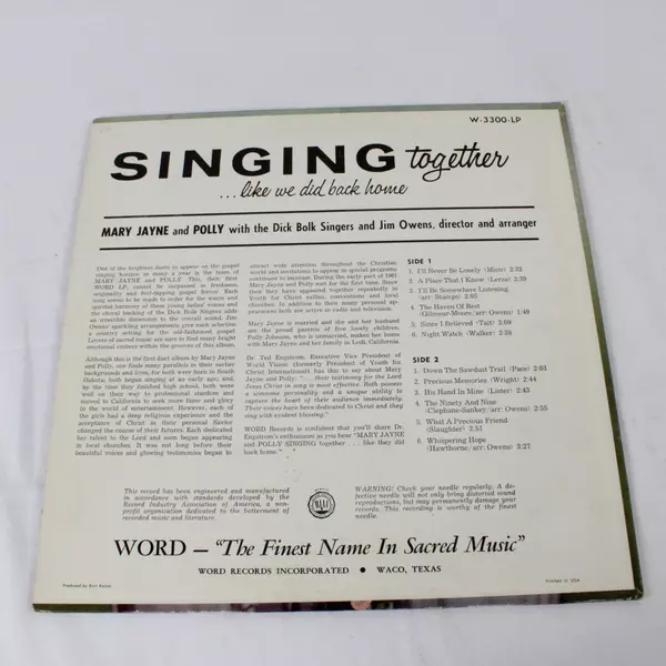 Mary Jayne and Polly Singing Together LP Word W-3300-LP Gospel Harmony