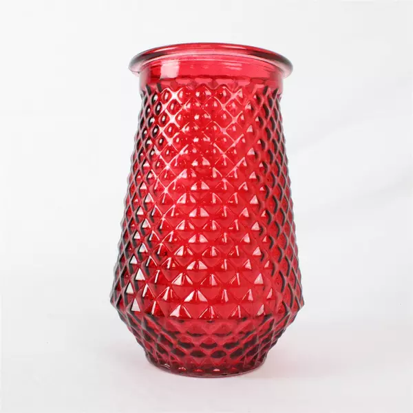 Ruby Red Glass Vase 8” Tall Diamond Pressed Pattern Elegant Home Decor Accent
