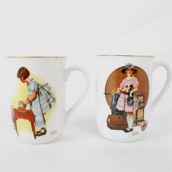 Set of 2 Norman Rockwell Mugs Party Time & Vacation's Over Collectible Cups
