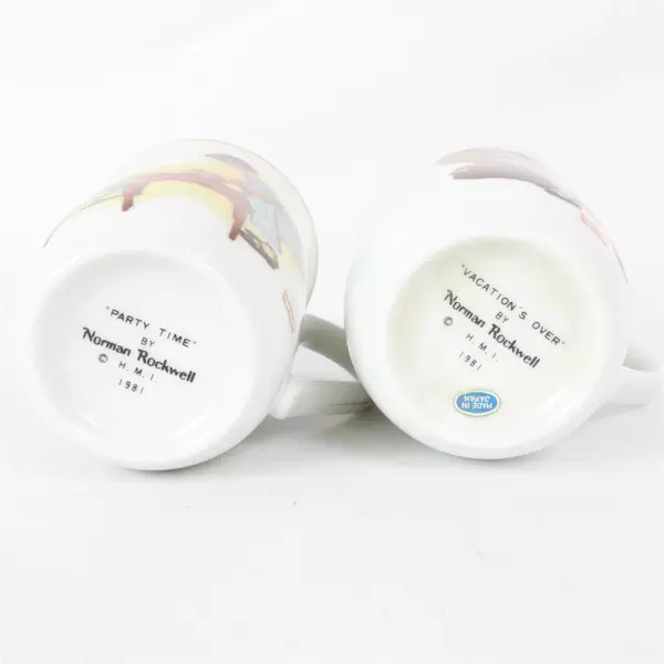 Set of 2 Norman Rockwell Mugs Party Time & Vacation's Over Collectible Cups