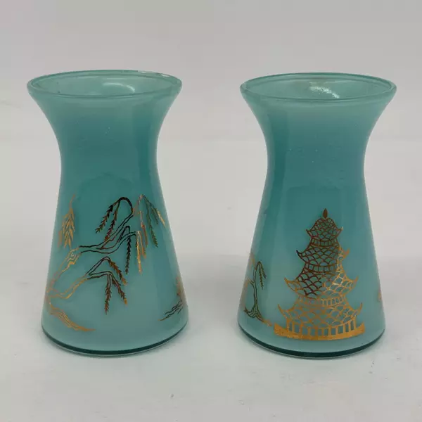 Bartlett Collins Aqua Blue Vases Gold Accents Pagoda Asian Willow Tree 3" MCM