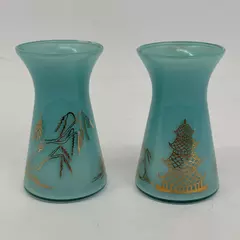 Bartlett Collins Aqua Blue Vases Gold Accents Pagoda Asian Willow Tree 3" MCM