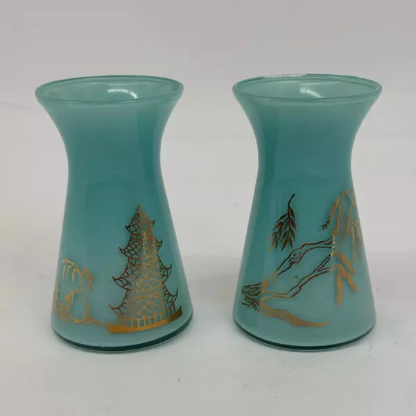 Bartlett Collins Aqua Blue Vases Gold Accents Pagoda Asian Willow Tree 3" MCM