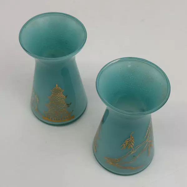 Bartlett Collins Aqua Blue Vases Gold Accents Pagoda Asian Willow Tree 3" MCM