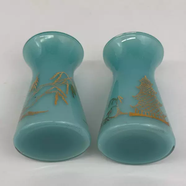Bartlett Collins Aqua Blue Vases Gold Accents Pagoda Asian Willow Tree 3" MCM