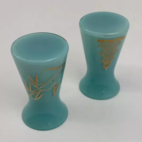 Bartlett Collins Aqua Blue Vases Gold Accents Pagoda Asian Willow Tree 3" MCM