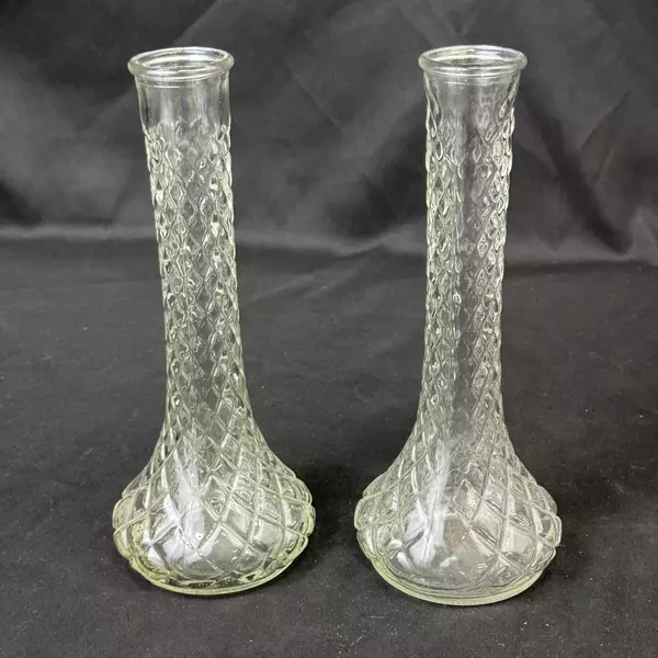 Lot of 2 Hoosier Ribbed Clear Glass Vases 9" Tall Home Decor