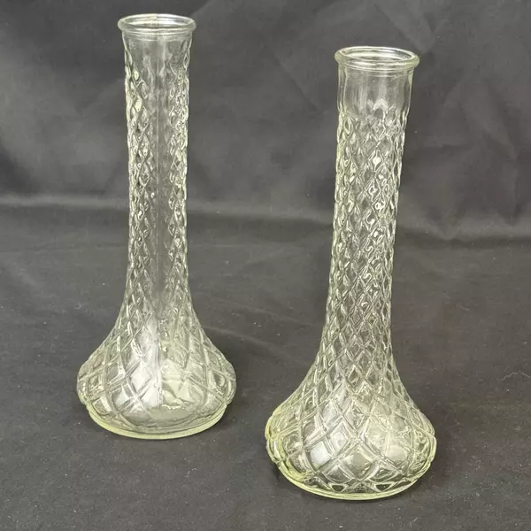 Lot of 2 Hoosier Ribbed Clear Glass Vases 9" Tall Home Decor
