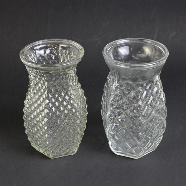 Lot of 2 Glass Vases Clear Diamond Cut Decorative Hexagonal Shape Geometric