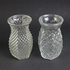 Lot of 2 Glass Vases Clear Diamond Cut Decorative Hexagonal Shape Geometric