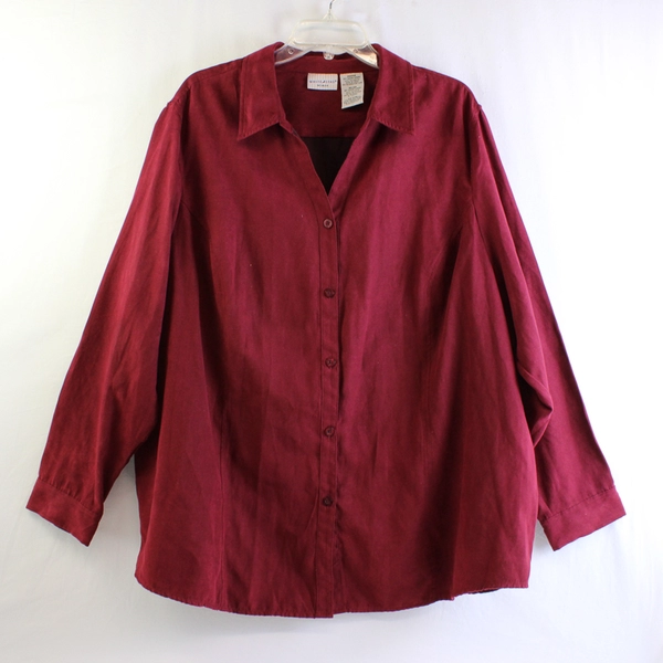 White Stag Women's 3X Red Faux Velvet Button Up Long Sleeve Shirt