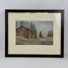 Framed Pastel Painting Man W/ Fishing Pole Walking By A Log Building Signed