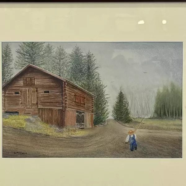 Framed Pastel Painting Man W/ Fishing Pole Walking By A Log Building Signed