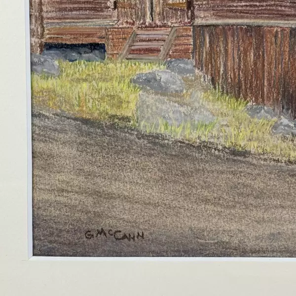 Framed Pastel Painting Man W/ Fishing Pole Walking By A Log Building Signed