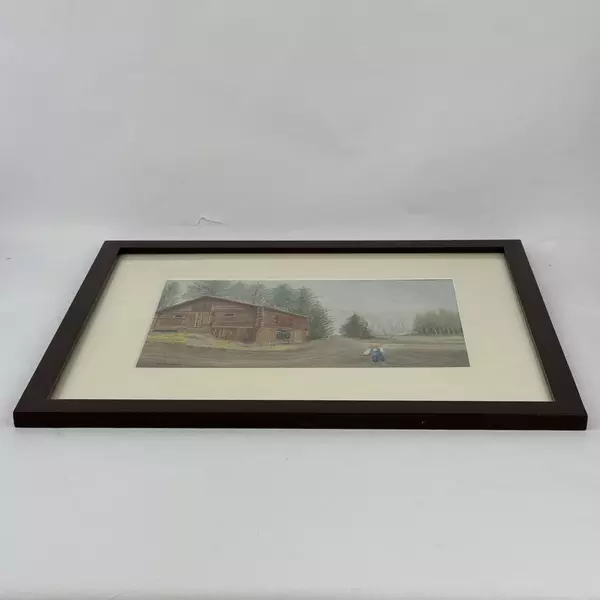 Framed Pastel Painting Man W/ Fishing Pole Walking By A Log Building Signed