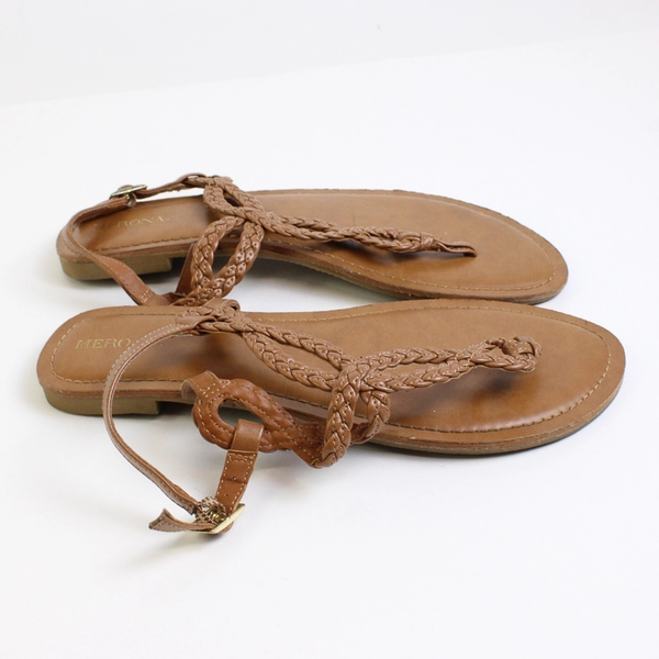 Merona Sandals Braided Solid Brown Color Faux Leather Women's Size 8W
