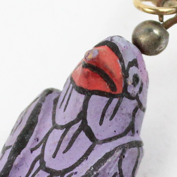 Vintage Hand-Painted Wooden Purple Parrot Earrings 2"