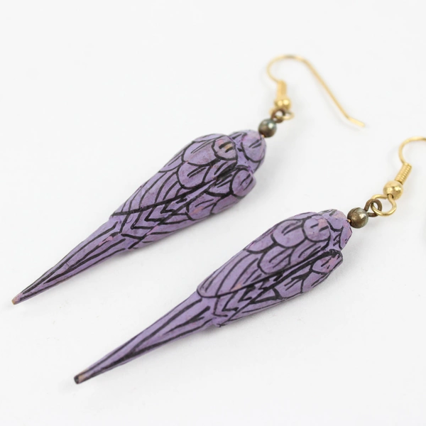 Vintage Hand-Painted Wooden Purple Parrot Earrings 2"
