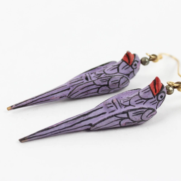 Vintage Hand-Painted Wooden Purple Parrot Earrings 2"