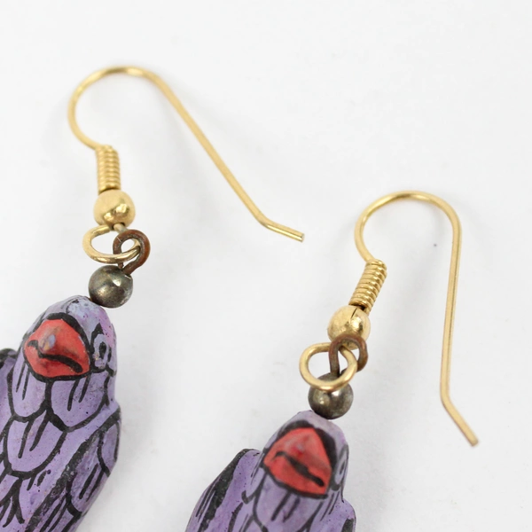 Vintage Hand-Painted Wooden Purple Parrot Earrings 2"