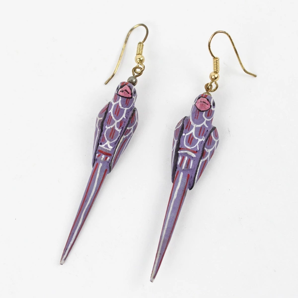 Vintage Hand-Painted Wooden Purple Parrot Earrings 2.5"