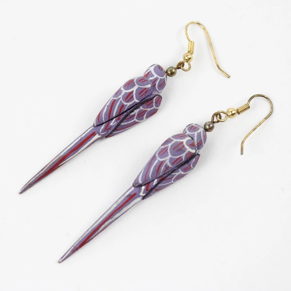 Vintage Hand-Painted Wooden Purple Parrot Earrings 2.5"