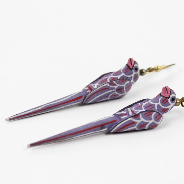 Vintage Hand-Painted Wooden Purple Parrot Earrings 2.5"