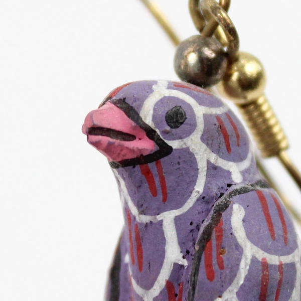 Vintage Hand-Painted Wooden Purple Parrot Earrings 2.5"