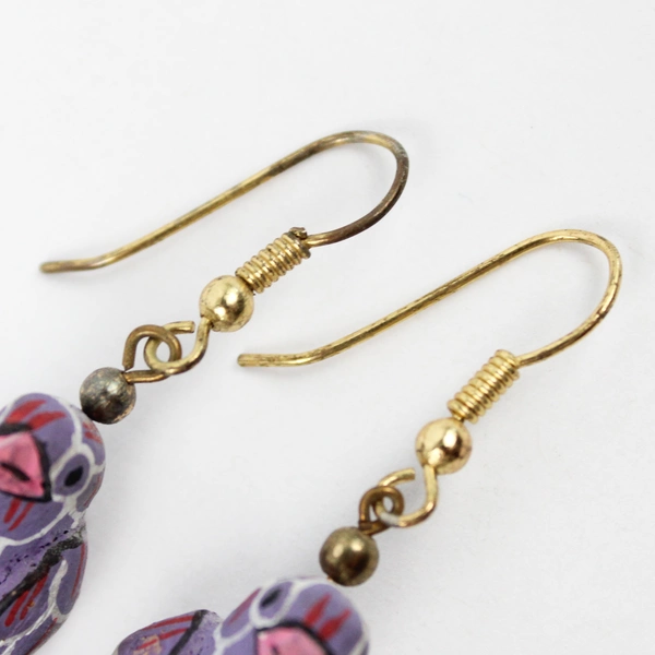 Vintage Hand-Painted Wooden Purple Parrot Earrings 2.5"