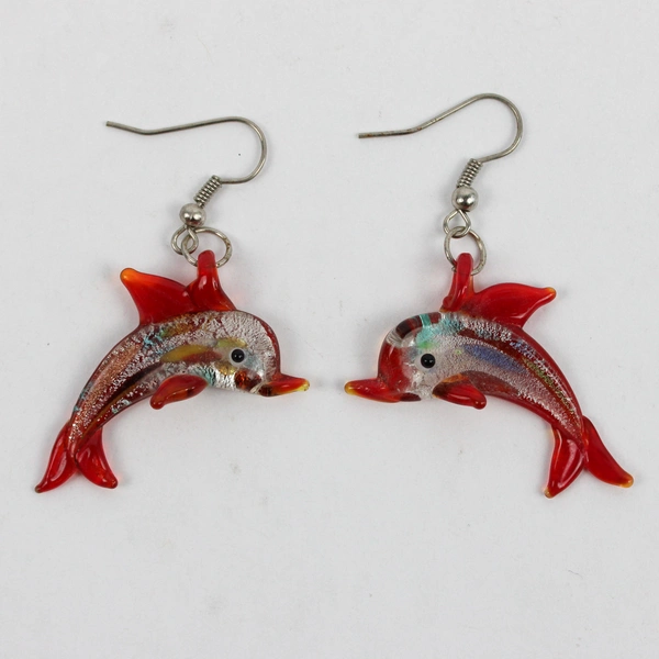 Handblown Glass Orange Dolphin Dangle Drop Earrings 1.5"