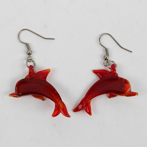 Handblown Glass Orange Dolphin Dangle Drop Earrings 1.5"