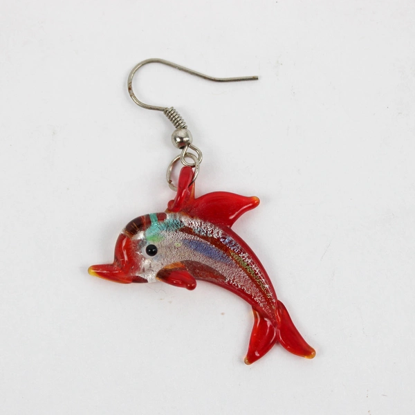 Handblown Glass Orange Dolphin Dangle Drop Earrings 1.5"