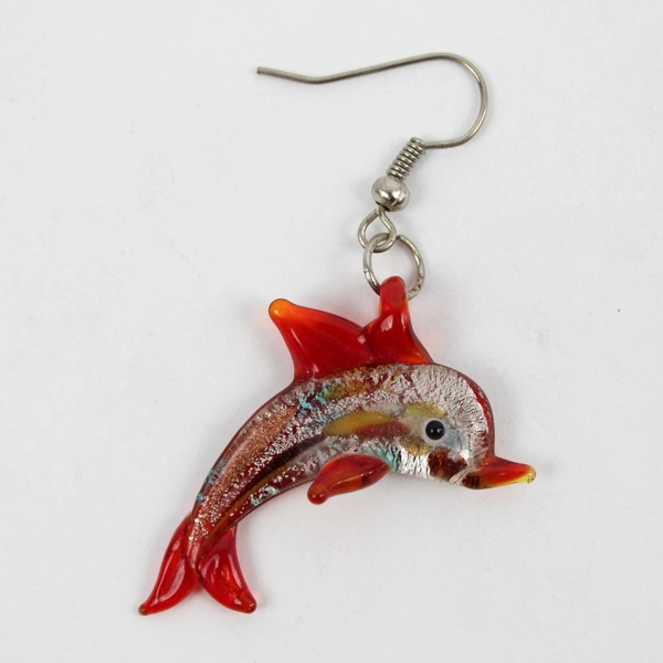 Handblown Glass Orange Dolphin Dangle Drop Earrings 1.5"