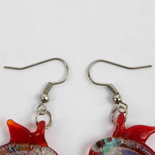 Handblown Glass Orange Dolphin Dangle Drop Earrings 1.5"