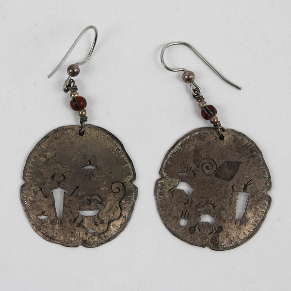 Vintage Sterling Silver Tribal Design Disc Dangle Earrings 1 1/4"