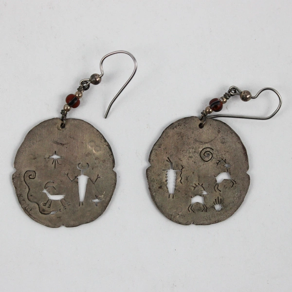 Vintage Sterling Silver Tribal Design Disc Dangle Earrings 1 1/4"