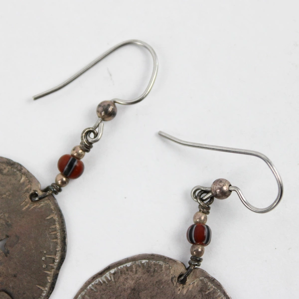 Vintage Sterling Silver Tribal Design Disc Dangle Earrings 1 1/4"