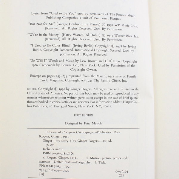 Ginger My Story by Ginger Rogers 1991 1st Edition Hardcover Dust Jacket