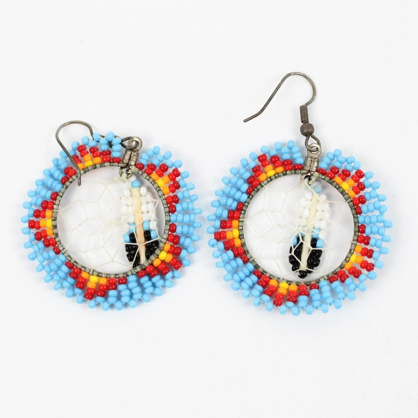 Handmade Multicolor Beaded Tribal-Style Dream Catcher Dangle Drop Earrings 1.5"