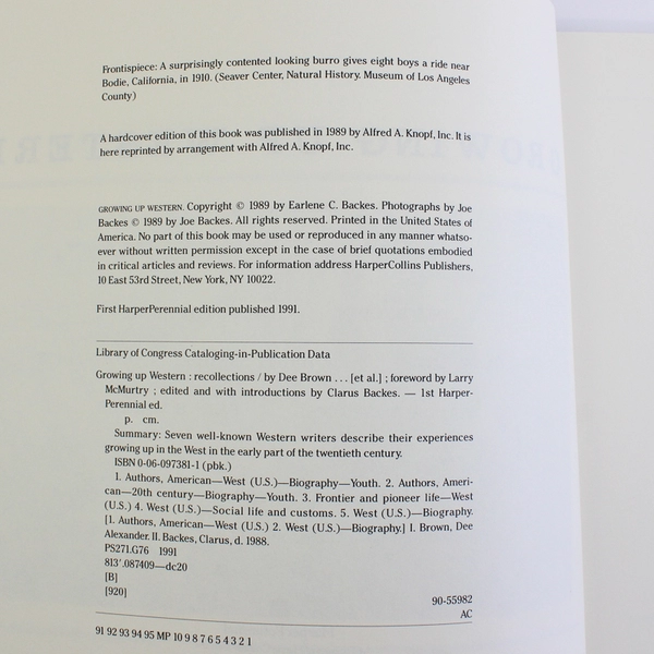 Growing Up Western Edited by Clarus Backes 1991 Paperback