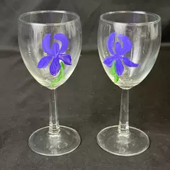 Set of 2 Hand Painted Purple Iris Crystal Wine Glasses