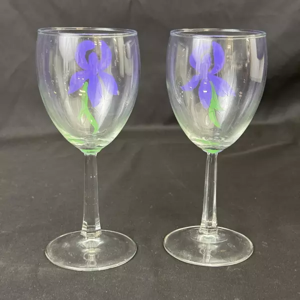 Set of 2 Hand Painted Purple Iris Crystal Wine Glasses