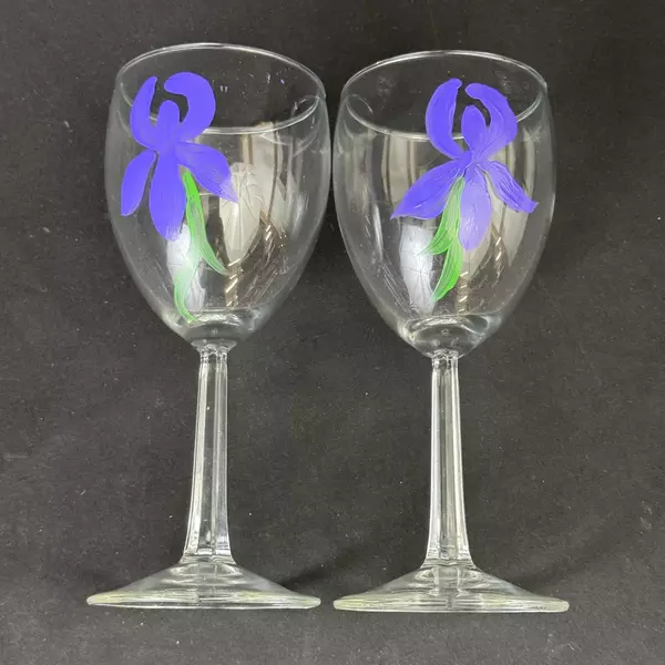 Set of 2 Hand Painted Purple Iris Crystal Wine Glasses