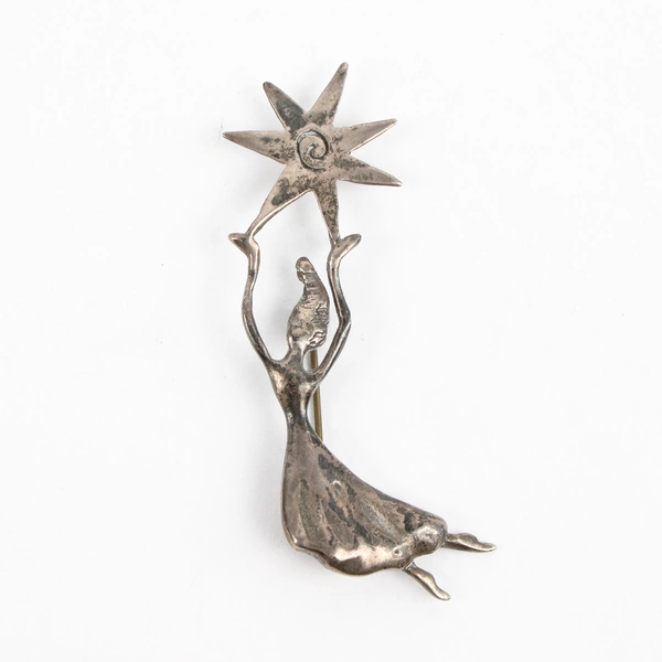 Silver Metal Brooch with Woman Holding a Star
