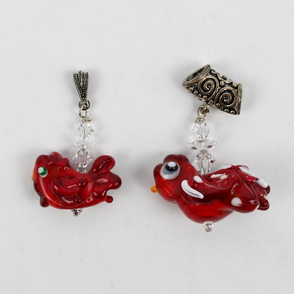Lot of 2 Red Chicken Glass Pendants Charm and Bar Style